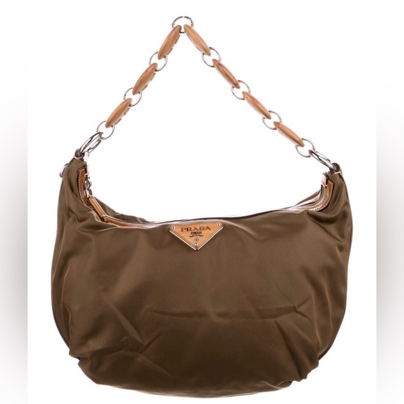 Prada Handbags - Prada Tessuto Nylon Wood Link Shoulder Bag Tan Brown